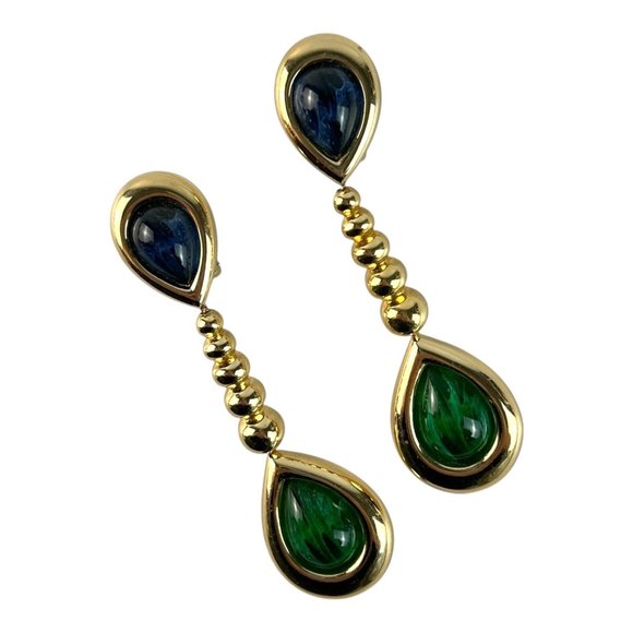 Vintage Christian Dior Runway Statement Green Blue Gripoix Drop Dangle Earrings - Picture 5 of 10